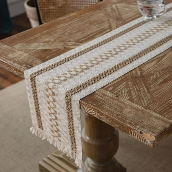 13 x 63 inch Farmhouse Style Cotton Linen Table Runner with Handmade Fringed, Rustic Jute Burlap Table Runners 63 Inches Long for Dining Room, Dresser Decor