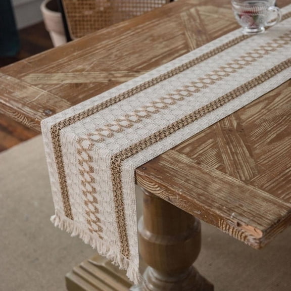 13 x 71 inch Farmhouse Style Cotton Linen Table Runner with Handmade Fringed, Rustic Jute Burlap Table Runners 71 Inches Long for Dining Room, Dresser Decor