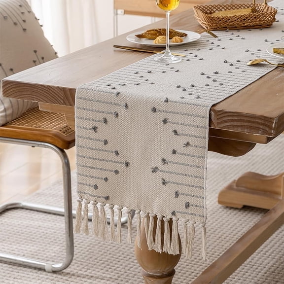 13 x 72 Inch Boho Table Runner, Farmhouse Stripe Table Runners with Tassels for Home Dining Table Decor, Rustic Natural Woven Dresser Scarf (Grey)