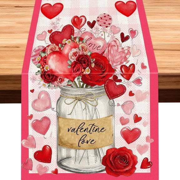 13 x 72 Inch Watercolor Roses Flowers Love Hearts Vase Valentines Day Table Runner Valentines Day Party Decorations Wedding Kitchen Dining Table Decor Tablecloth for Home Office Seasonal Anniversary