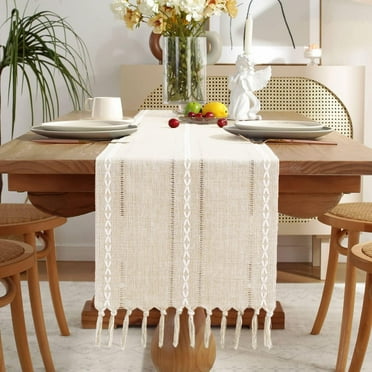 13 x 72 Inches Farmhouse Table Runner Rustic Style, Boho Braided Striped Linen Table Runner with Tassels for Dining Room Kitchen Home Décor