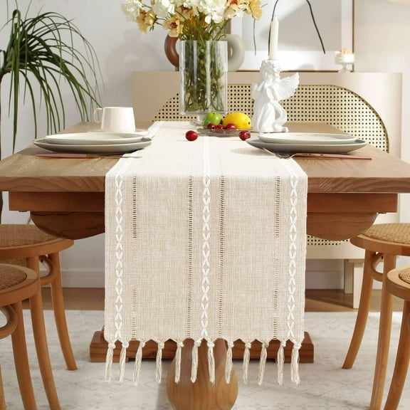13 x 72 Inches Farmhouse Table Runner Rustic Style, Boho Braided Striped Linen Table Runner with Tassels for Dining Room Kitchen Home Décor