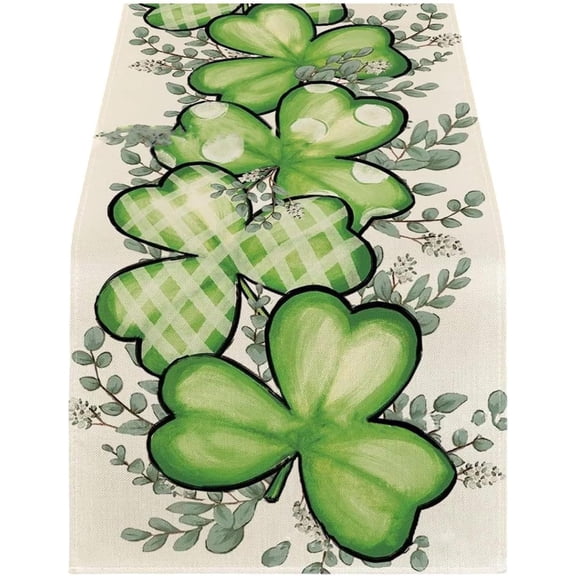 13" x 72" St Patricks Day Table Runner Green Shamrock Flax Table Runners Spring Tabletop Centerpieces Clover Party Supplies for Irish Holiday Kitchen Dining Bar Indoor Outdoor Home Decor (D)