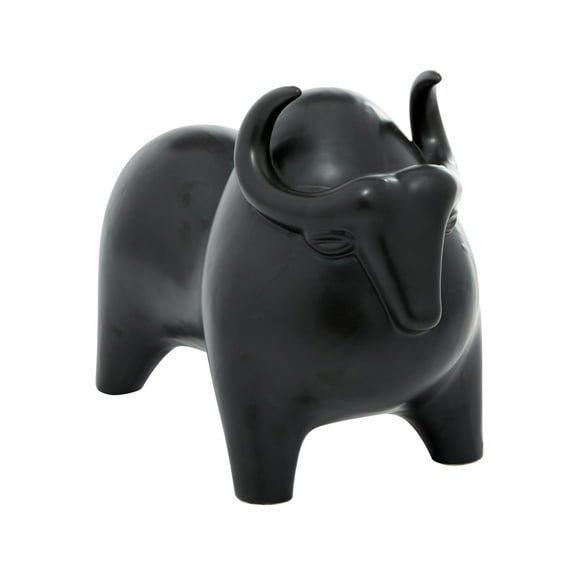13" x 9" Black Porcelain Ceramic Handmade Bull Sculpture, by DecMode
