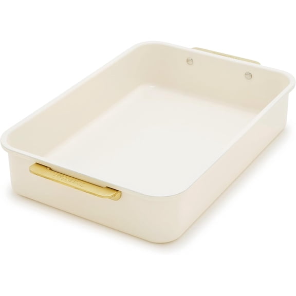 13" x 9" Rectangular Ceramic Nonstick Cake Pan, PFAS & BPA Free, Cream, Gold Handles, Freezer-to-Oven, Scratch Resistant