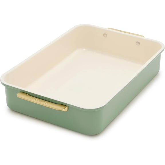 13" x 9" Rectangular Ceramic Nonstick Cake Pan with Gold Handles, Sage Green, Freezer-to-Oven, Scratch Resistant