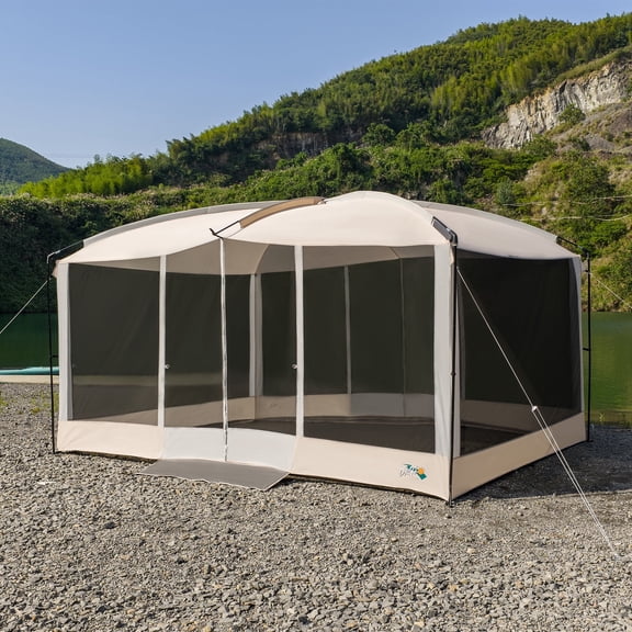 13' x 9' Screen House Tent with Projection Mesh Gazebos Camping Tent for Outdoor Patios Backyards Beige