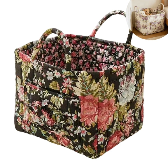 13"x10.2"x10.6" Floral Storage Basket Boho Fabric Quilted Floral Foldable Baskets with Handles Nursery Laundry Basket Organizer Bin for Car Home Picnic
