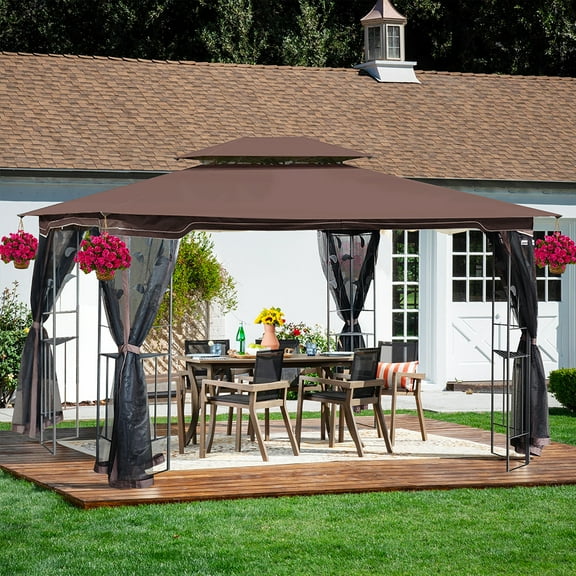 13'x10' Outdoor Patio Tent, Outdoor Gazebo With Removable Mesh, Double-Tiered Top, Triangular Frame, Waterproof Table Party Tent For Backyard, Deck