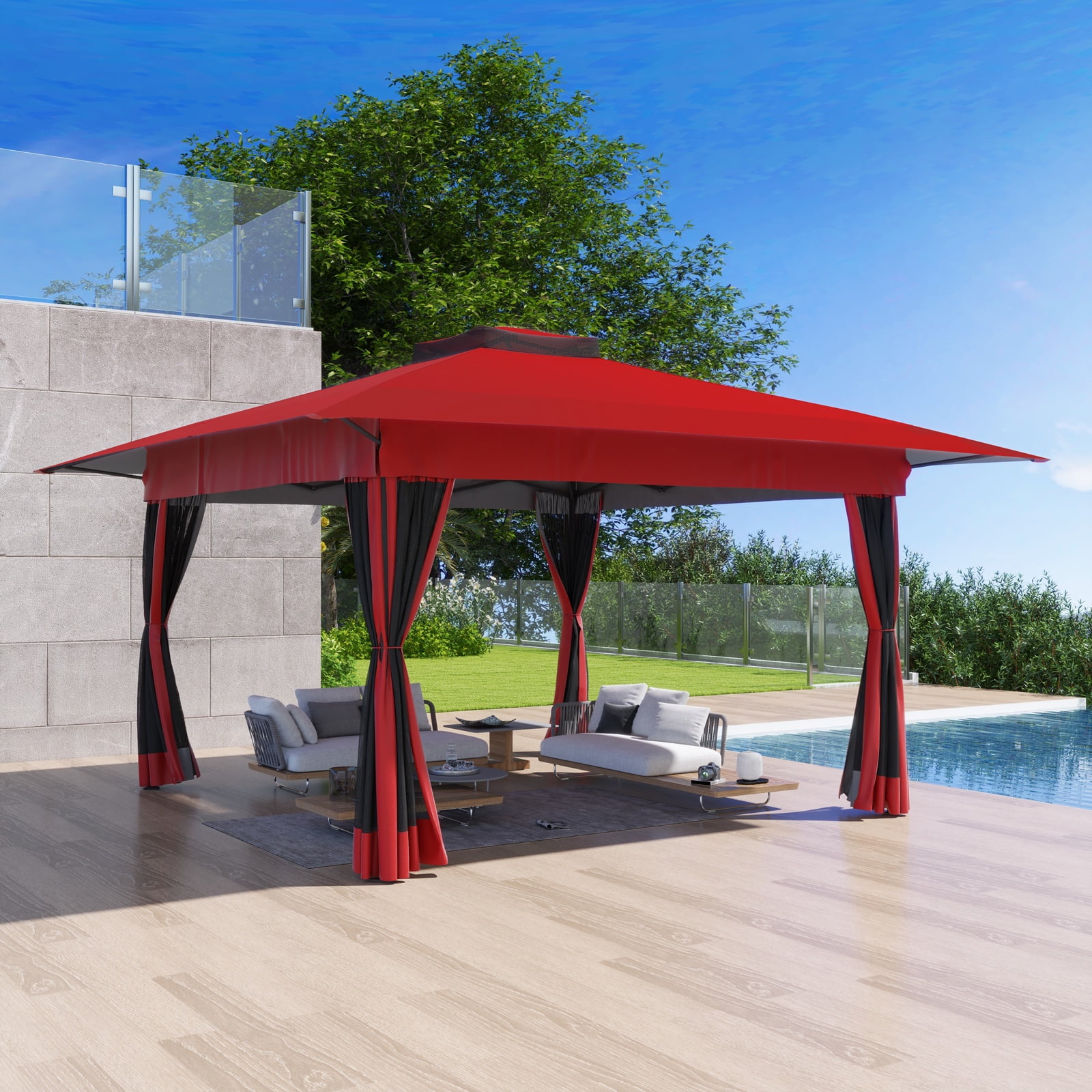 13’x13’Pop Up Gazebo with Ventilated Double Roof, Steel Outdoor Gazebo Tent with W/ Netting Walls, for Patios, Backyard, Garden and Beach, Red