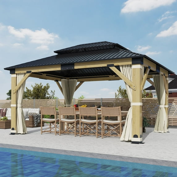GARTOO 13'x15' Outdoor Wood Frame Gazebo with Galvanized Steel Doule Roof, Gazebos with Netting and Curtains for Patio Backyard Deck