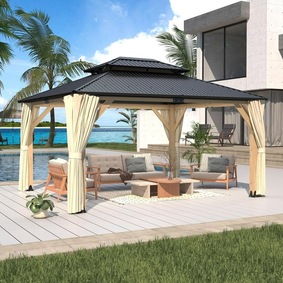 13’x15’ Outdoor Wooden Gazebo - Outdoor Patio Gazebo with Galvanized Steel Double Roof, Cedar Wooden Frame Pavilion with Netting and Curtains, Pergolas for Garden, Lawn, Poolside(13x15FT)
