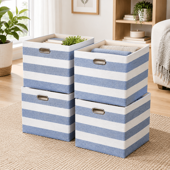 13"x15"x13" Blue/White Stripe Linen Storage Cubes, Pack of 4 for Home Organizing