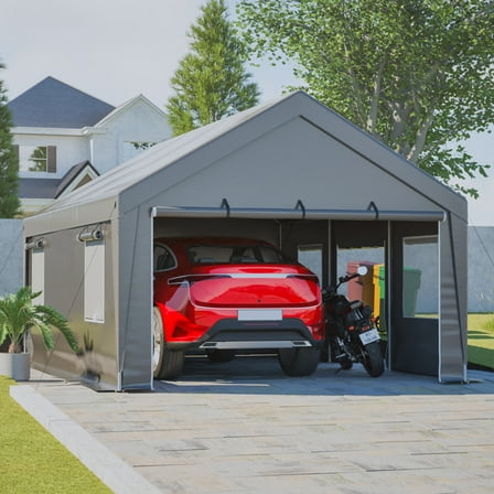 13'x20' Heavy Duty Carport Canopy with 2 Roll-Up Doors, Waterproof Party Tent, Carport & Storage Shelter for Outdoor, Car, Boat, Garden Party, Gathering, Grey