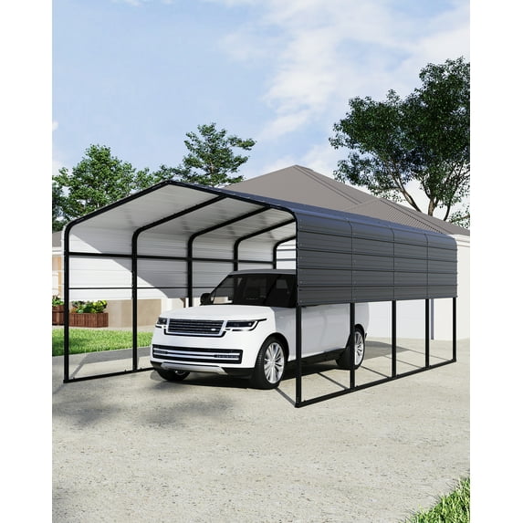 13'x21' Heavy-Duty Metal Carport, Outdoor Metal Carport Kit, Extended Side Canopy and Corner Support Poles, Large Sturdy Carport Garage for Cars, Boats, Tractors
