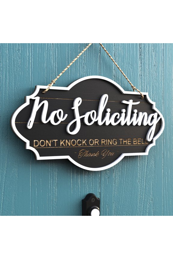 13"x7" No Soliciting Sign for Front Door, Rustic Wooden Hanging Plaque for Business & Store, Embossed Letters, Bold & Effective Message to Keep Solicitors Away (Black)