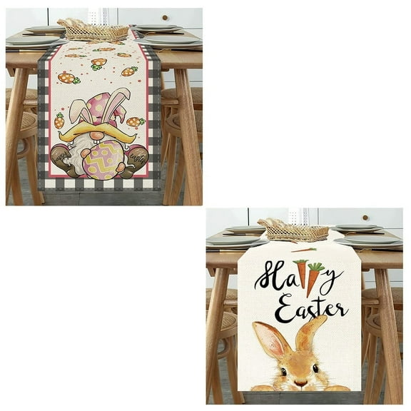 13''x72'' Easter Table Runner Set of 2, Cotton Linen Buffalo Plaid Gnomes Egg Happy Easter Carrots Flower Dining Table Decoration Spring Farmhouse Kitchen Dining Party for Tables of 4-6 People
