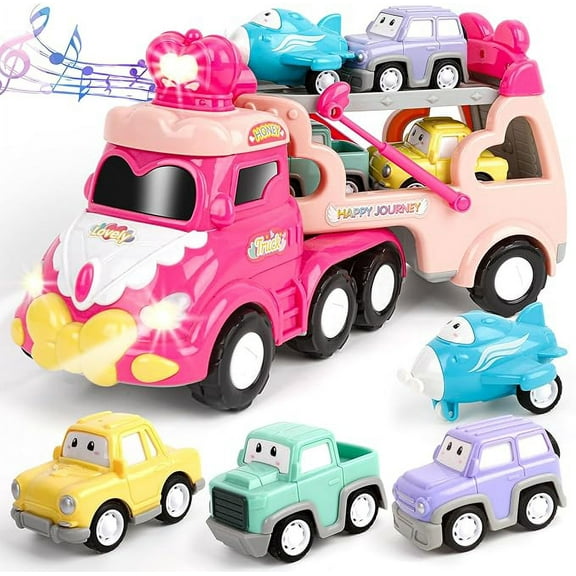 13-year-old girl's toy, 5-1 cargo truck for toddler girl, light and audio friction electric car, pink birthday gift