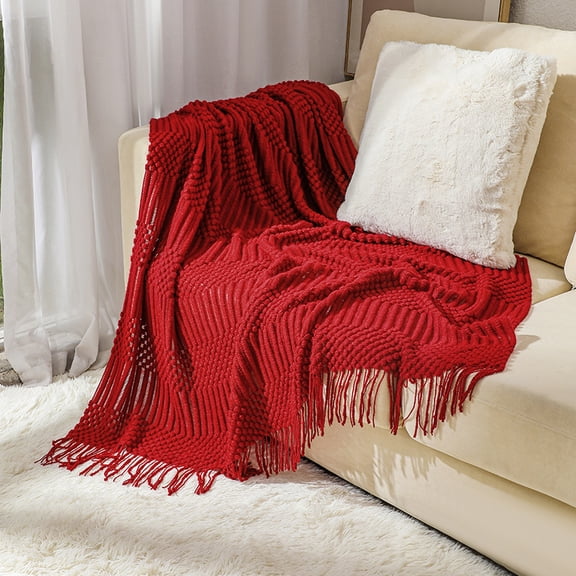 130*220cm Chunky Knit Throw Blanket, Soft Warm Cozy Bed Throw Blanket with Tassels, Boho Style Textured Knitted Home Decorative Blanket for Couch, Sofa &Bed,