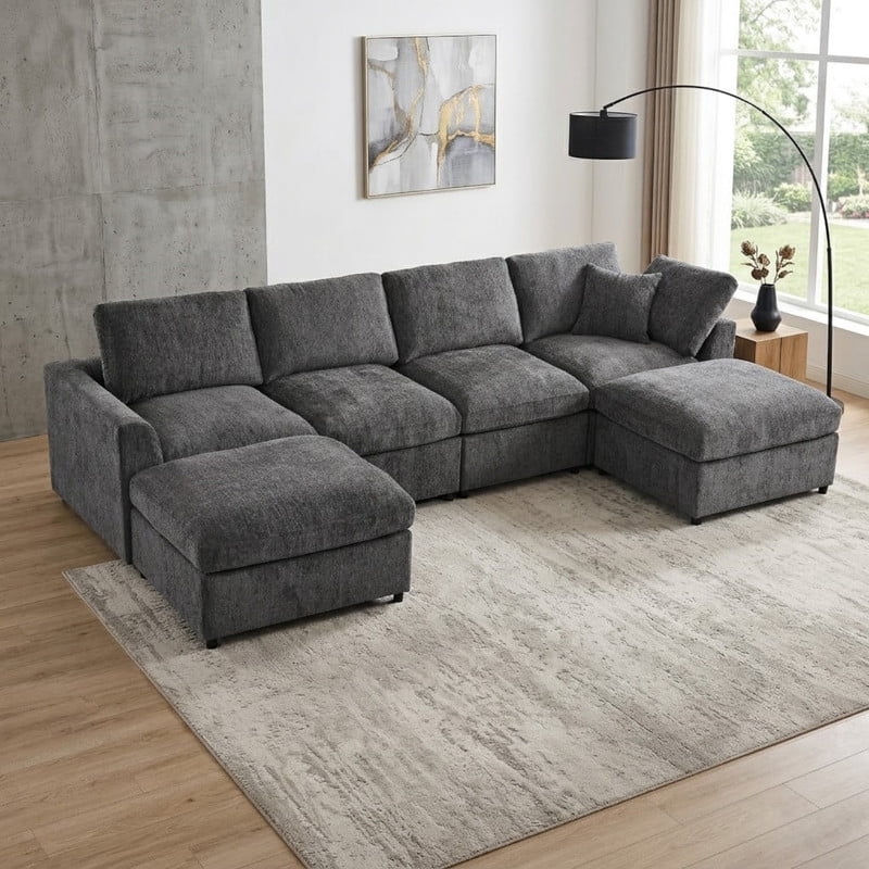 130.3" 6-Seater U-Shaped Modular Sectional Sofa, Chenille Upholstered Couch with 2 Movable Ottomans, Deep Seat Modern Sofa with Solid Wood Frame, Accent Pillow for Living Room