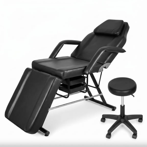 130 Adjustable Tattoo Chair Facial Bed with 360 Rolling Stool, High-Density Foam PVC Leather, Multi-Angle Treatment Chair for Lash Microblading Waxing Studio, Black