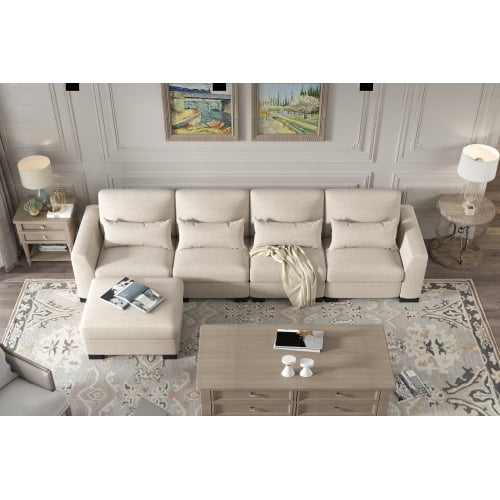 130" Beige Modular L-Shaped Sofa with Storage Ottoman - Spring Pack Cushion, Solid Wood Frame, Versatile Combination Design