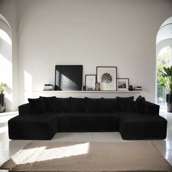 130" Boneless Couch, Cloud Couch Sectional, Corduroy Sofa for Living Room, U Shaped Modular Sofa with Chaise, No Assembly, 4 Seats Oversized,Black