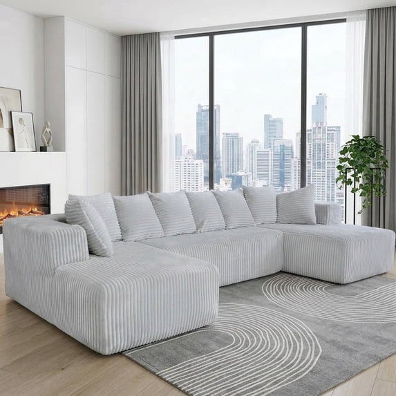 130" Boneless Sectional Couch, Gray U-Shaped Corduroy Couch with Chaise Lounge, 4-Seat Living Room Sofa with Pillow Back and Square Arms