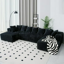 130" Cloud Couch, Black Modern Sectional Couch for Living Room, U-Shaped Sofa with Chaise Lounge, Striped Corduroy Upholstery, 4-Seater, Pillow Back