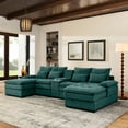 thumbnail image 1 of 130" Cloud Couch, U-Shaped Sectional Sofa with Console & Cupholders, Modern Green Upholstered 6-Seat Sleeper Couch with Chaise for Living Room or Apartment, 1 of 13