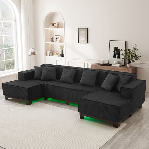 130" Corduroy Sectional Couches, U-Shaped Cloud Couch with RGB LED Light Strip, Modular Deep Seat Sofa with 6 Pillows for Living Room, Black