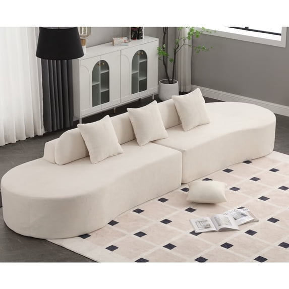 130" Curved Sofa Couch for Living Room, Modern Terrycloth Fabric Upholstered Sleeper Sofa with 3 Pillows, Modular Sectional Sofa Set for Bedroom Apartment, No Assembly Required, Beige
