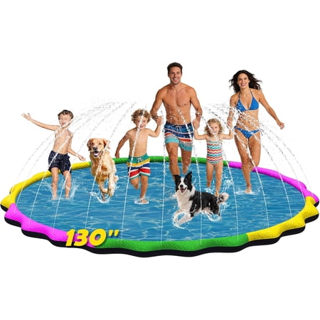 130” Extra Large Non-Slip Splash Pad for Kids & Dogs, 11FT Outdoor Water Sprinkler Pad, 0.5mm Thickened Tear-Resistant PVC, Kids Water Toy & Dog Pool for Backyard Family Fun