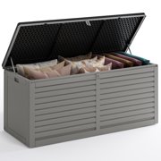 130 Gallon Deck Boxes Outdoor Waterproof, Resin Large Patio Storage Box, Lockable Outdoor Storage Bench for Patio Furniture, Pool Supplies, Garden Tools, Gray