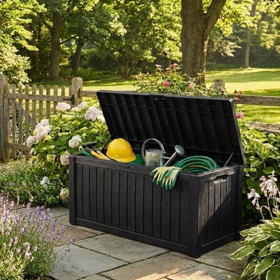130 Gallon Lockable Deck Storage Box Bench, Heavy Duty Blow Molded Resin, Weather Resistant Chest with Hydraulic Soft-Close Lid, Black