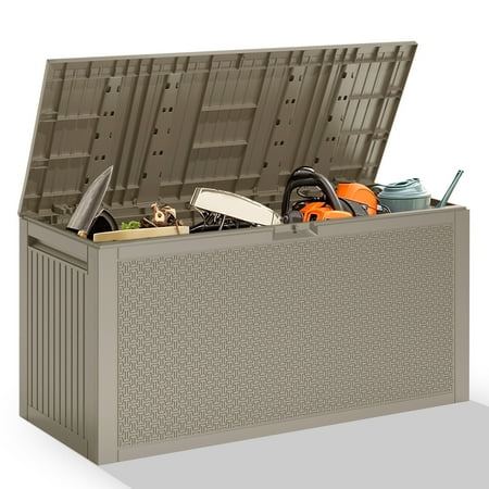 90 Gallon Outdoor Storage Box, Multi-function Deck Box for Organization & Storage, And As a Bench, Waterproof Outdoor Storage Container for Patio Cushion, Gardening Tools, Pool Supplies - Light Brown