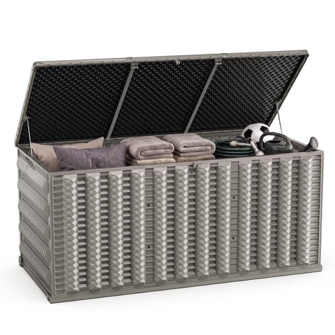 130 Gallon Resin Deck Box, Outdoor Lockable Storage Container for Patio Cushions, Garden Tools, Pool Supplies, Toys, Water Resistant and UV Resistant, Reinforced Rib Design, Built-in Wheels, Gray