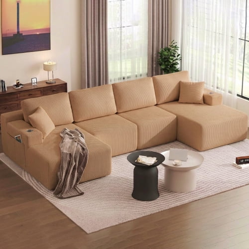 130 Inch U Shaped Sectional Sofa, Modular Corduroy Couch with Chaise, Boneless Design, High Capacity, Living Room, Brown