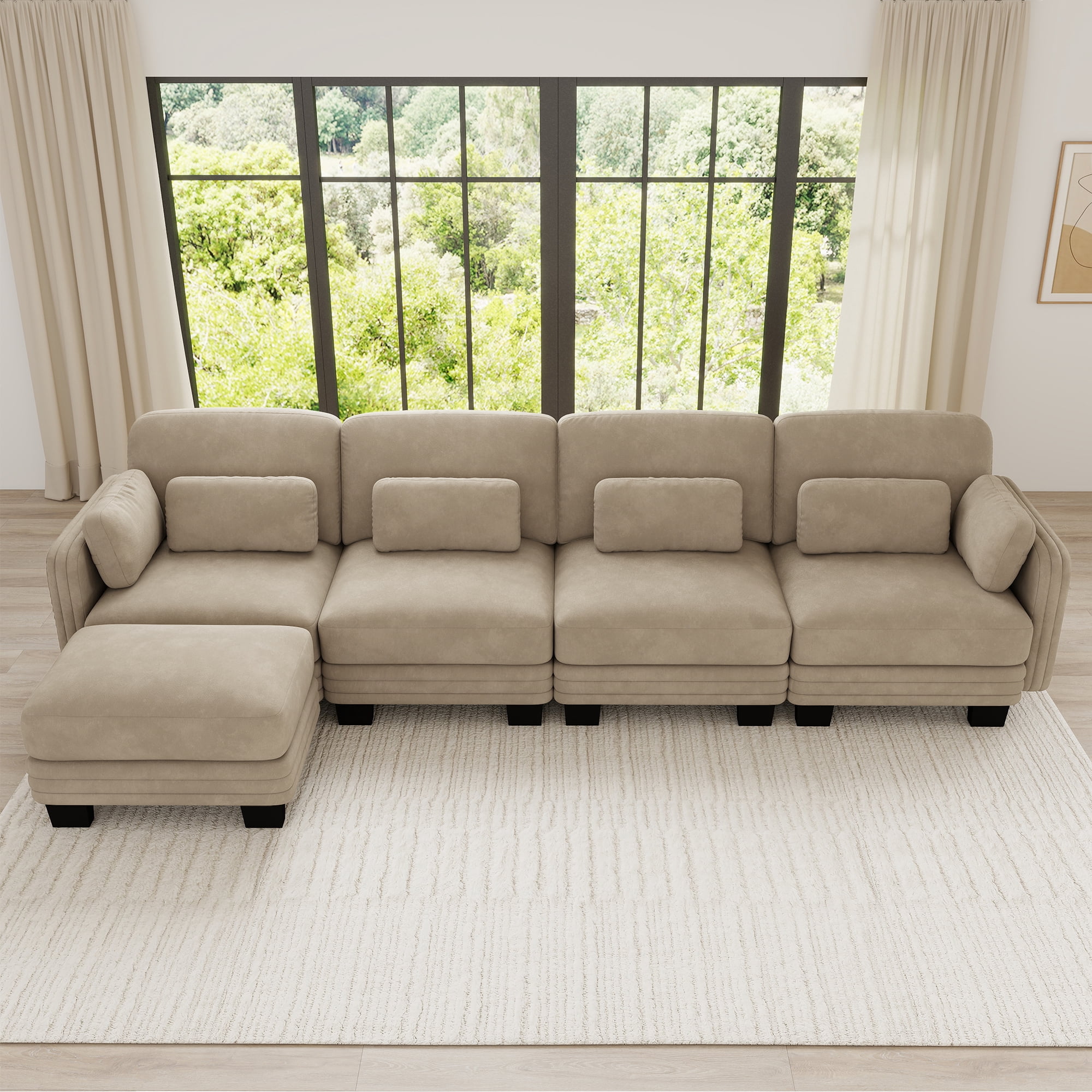 130" L Shape Modern Modular Sectional 4 Seater Sofa Couch with Movable Ottoman and 6 Pillows