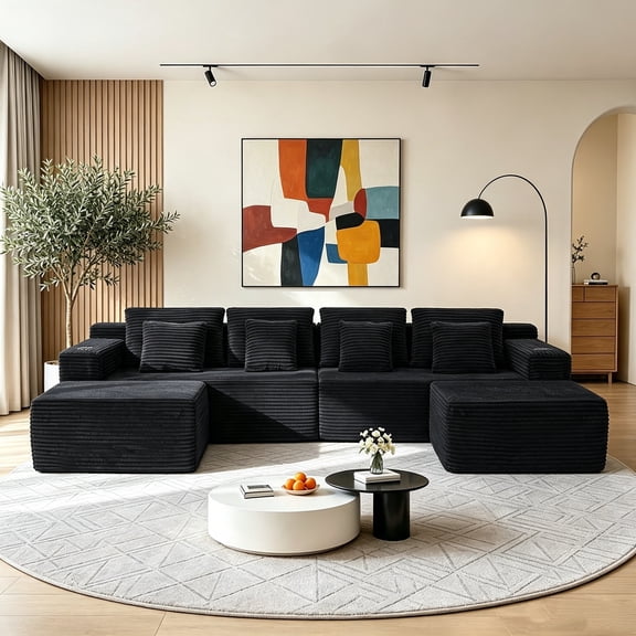 130" Modular Cloud Sectional Sofa, Sectional Couch with 2 Ottoman, 29" Extra Deep Seats, 4 Pillows, USB Ports and Cup Holders for Living, Black