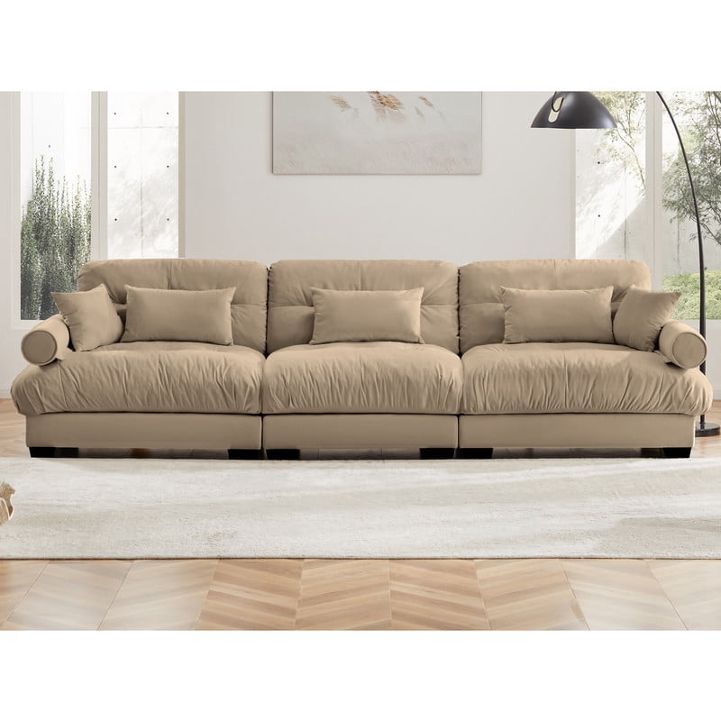 130" Modular Sectional Sofa, 3-Seater Velvet Couch, Deep Seat Cloud Sofa with Bolster Armrests & Pillows, Modern Upholstered Sofa for Living Room, Apartment, Camel