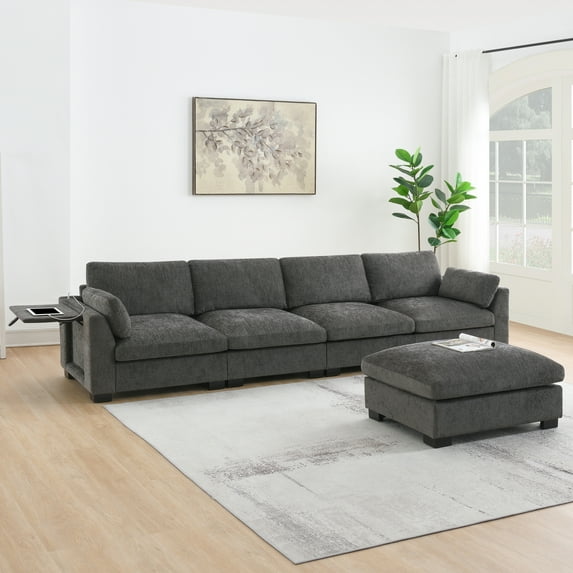 130" Modular Sectional Sofa, L-Shape with Folding Table and Dual-Port Charging, Side Storage Pockets, 2 Armrest Pillows, Free Movement Ottoman, High Density Foam, Chenille, 5 Seat 42919