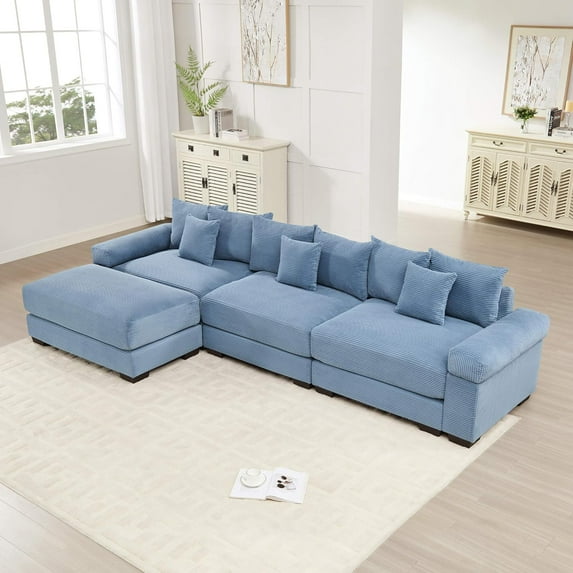 130" Oversized Cloud Modular Sectional Sofa|L Shaped Couch|Corduroy Fabric|with Chaise|Deep Seat|Wide Armrest|Ergonomic Design|9 Pillows|Easy Assembly|for Living Room,Bedroom - Blue