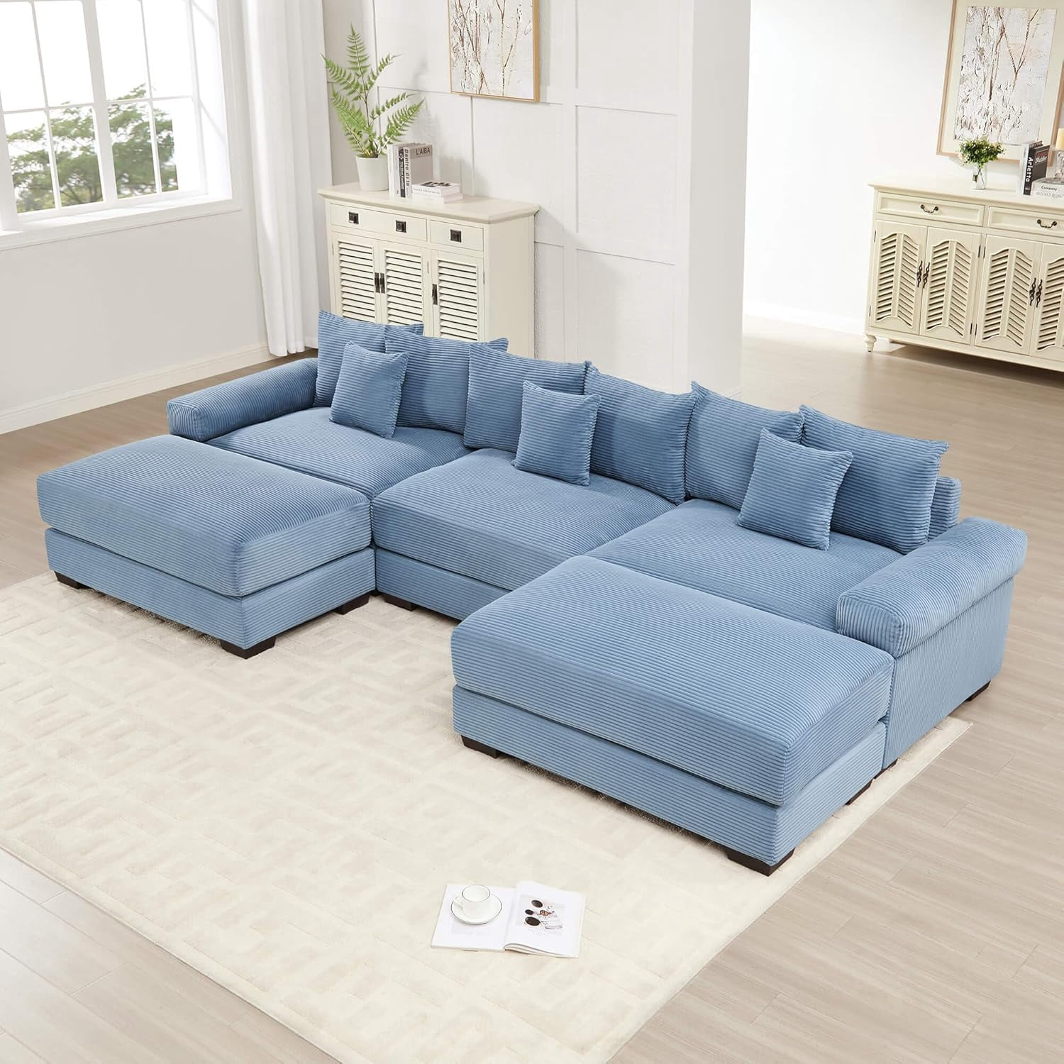 130" Oversized Cloud Modular Sectional Sofa|U Shaped Couch|Corduroy Fabric|with Chaise|Deep Seat|Wide Armrest|Ergonomic Design|9 Pillows|Easy Assembly|for Living Room,Bedroom - Blue
