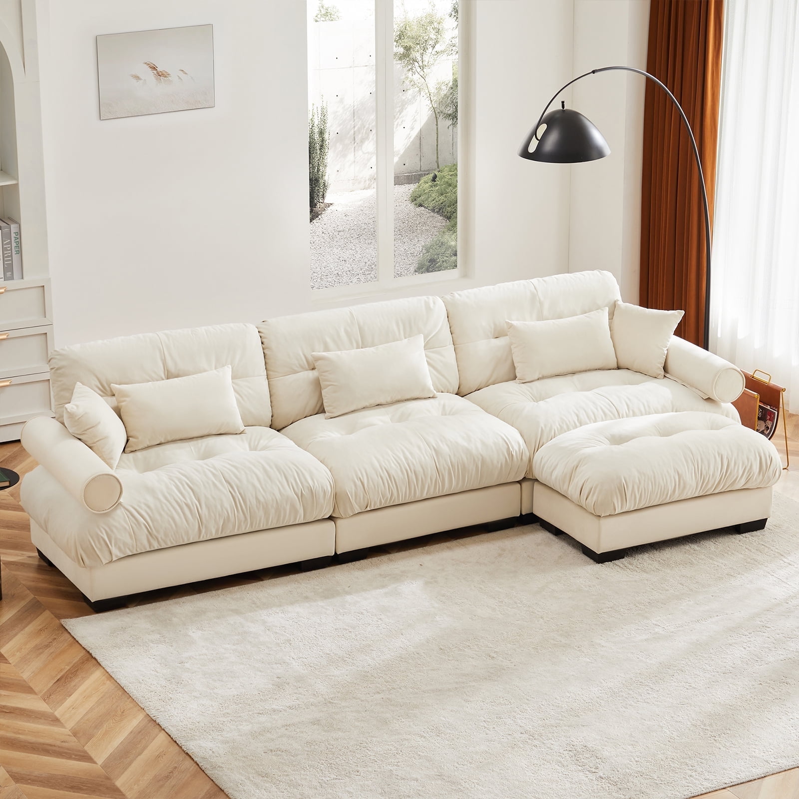 130"Oversized Couch, 3 Seater Modular Sectional Sofa, Beige Large L Shaped Sectional Couches for Living Room, Fluffy Couch Set, 3 Seater, Velvet Cloud Couch with Ottoman, Sofas for Living Room
