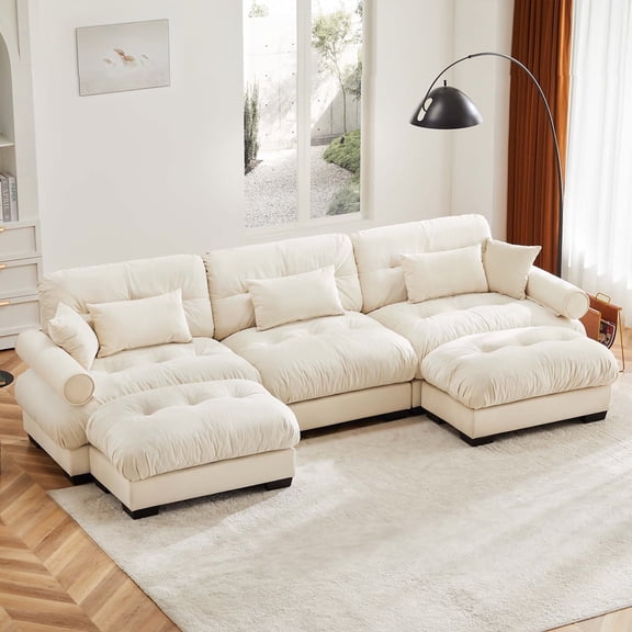 130"Oversized Couch, 3 Seater Modular Sectional Sofa, Beige Large U Shaped Sectional Couches for Living Room, Fluffy Couch Set, 3 Seater, Velvet Cloud Couch with Ottoman, Sofas for Living Room