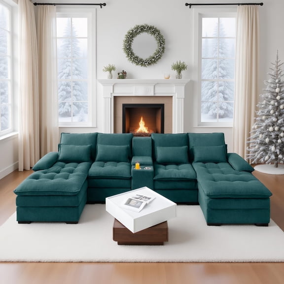 130" U-Shaped Modular Sectional Fluffy Couch, Oversized Cloud Couches with Storage Console & Cup Holders, Linen Sofa with Chaise/Pillows, Deep Seat & Doll-Cotton Sofa Couches for Living Room