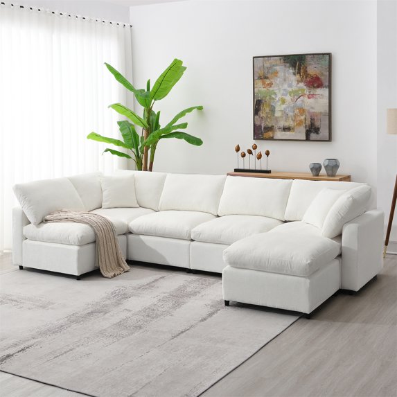 130" Oversized Modular Sectional Couch, 6-Seat Chenille Cloud Couch with Ottoman, Convertible U-Shaped Sleeper Sofa, Free Combination Sofa for Living Room
