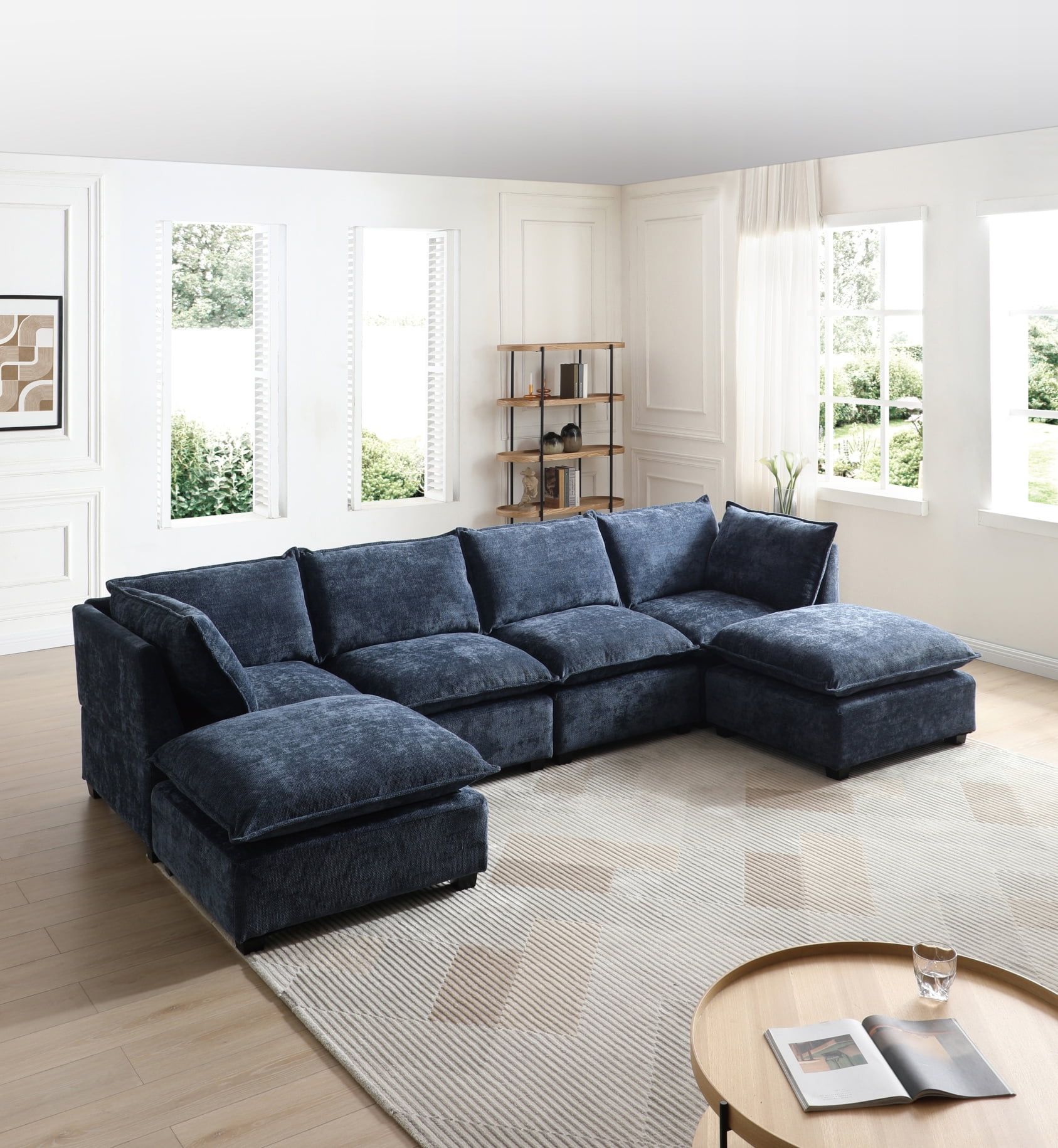 Oversized U-Shaped Sectional Sofa – 7-Seat Modular Couch With Ottoman, Beige Chenille Fabric, 129.3"