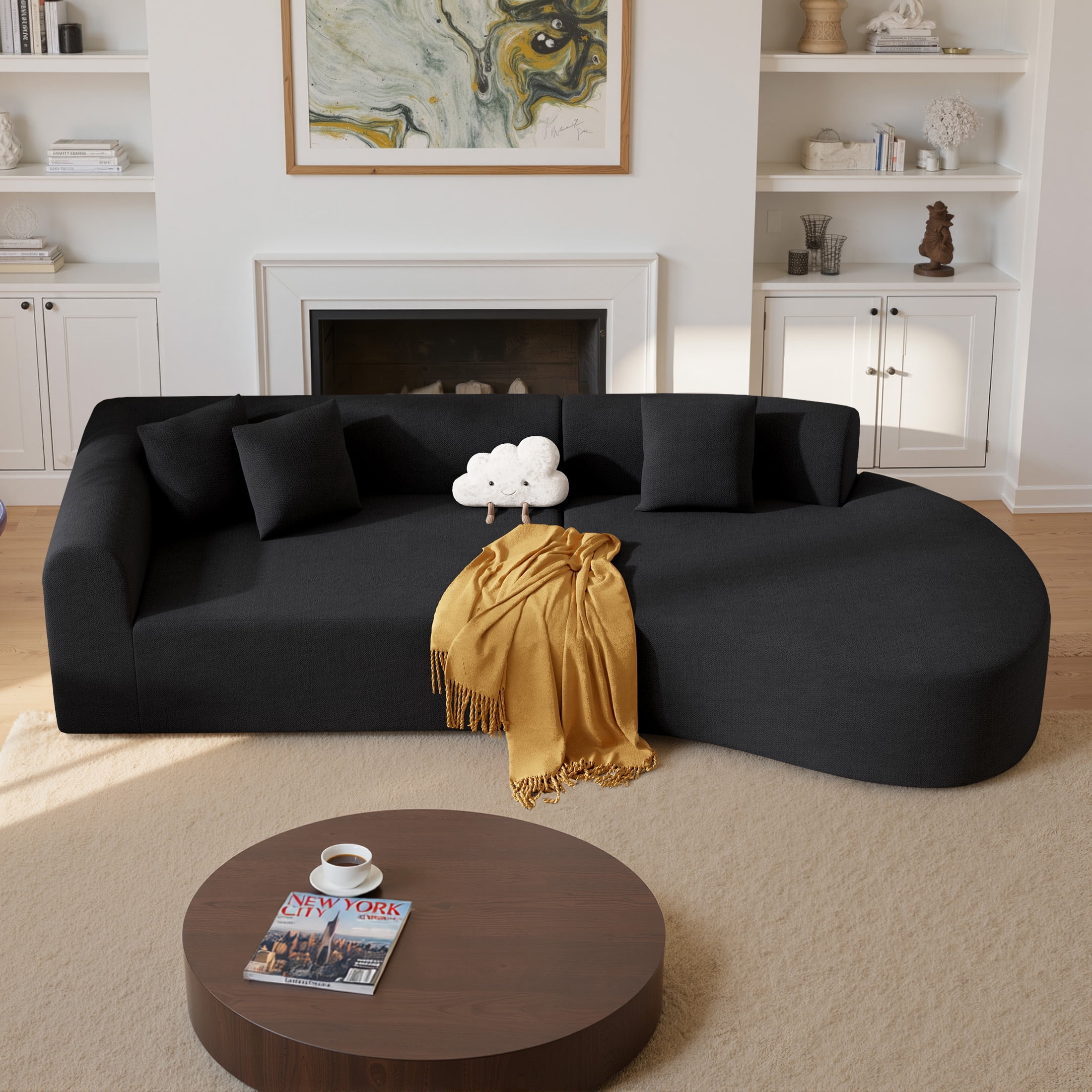 Hawsaiy 126" Oversized Modular Sectional Sofa, Modern Deep Seat Curved Cloud Couch, Soft Chenille Upholstered Sofa for Living Room, Black, No Assembly
